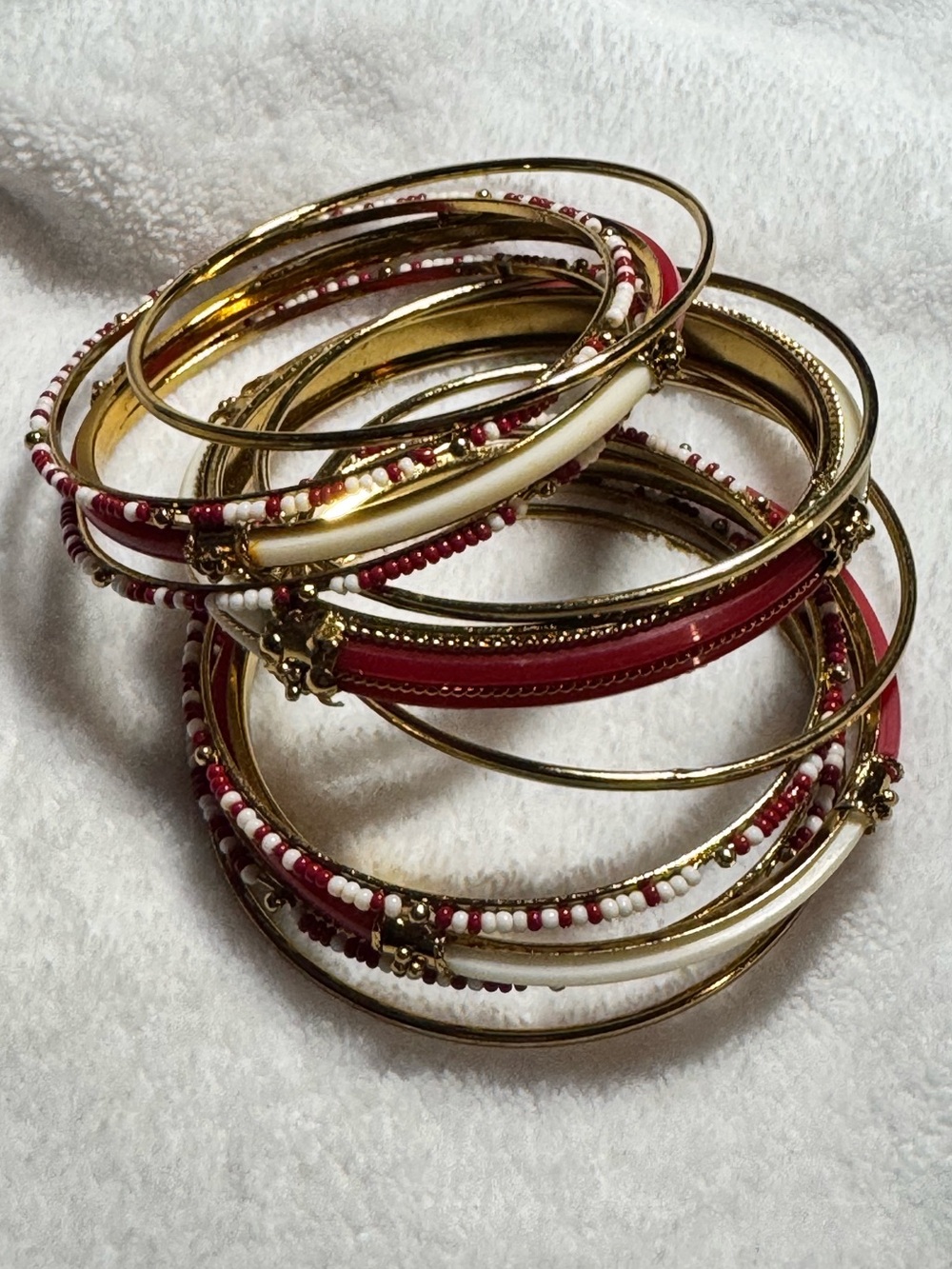 Red, Ivory Off-White & Gold-tone 11-Pc Bangle Bracelet Stack